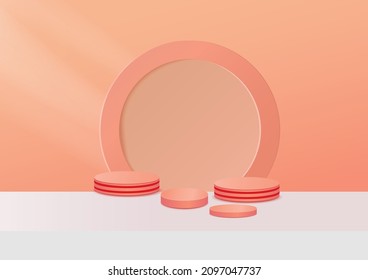 Display product podium scene. Abstact 3D product background pink rendering with circle wall scene. You can use for show cosmetic products, stage showcase. Vector illustration