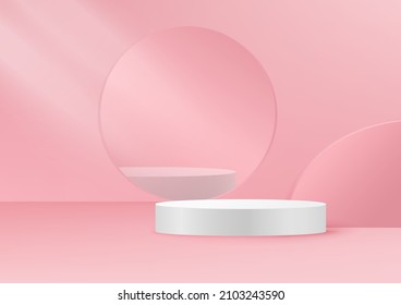 Display product podium scene. Abstact 3D product background pink rendering with circle wall scene. Stage for product valentine. Vector illustration