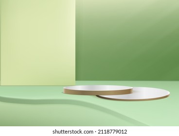 Display product podium scene. Abstact 3D product background light green rendering with wall scene. Stage for product. Vector illustration