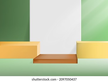 Display product podium scene. Abstract 3D product background soft green and grey wall scene. You can use for show cosmetic products, stage showcase. Vector illustration