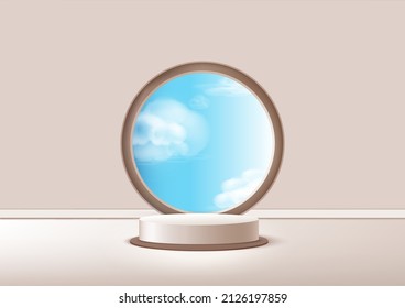 Display product podium scene. Abstract 3D product background light soft brown rendering with sky cloud shape circle wall scene. Stage for product, showcase. Vector illustration