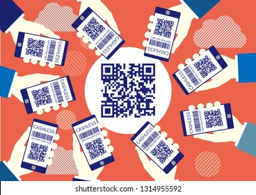 Display QR code smartphone screen frame-copy space red background