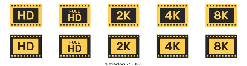 Colección De Símbolos De Calidad De Pantalla Y Resolución De Pantalla. Multimedia Y Uso De Tecnología. Video Conjunto de iconos de resolución. Colección De Iconos Ultra Hd. Ilustración vectorial aislada.