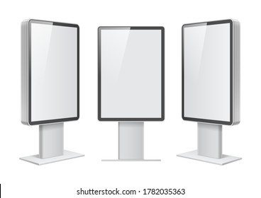 Display Rack Shelves For Supermarket Floor Showcase on the white background. Slender white shelves. Mock Up Template. Vector illustration.