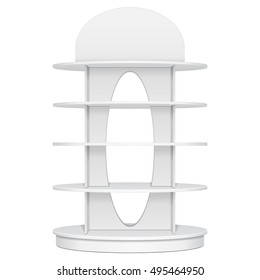 Display Rack Showcase For Supermarket. Circle, Round, Ellipse Retail Shelves. Front View. Illustration Isolated On White Background Mock Up Template Ready For Your Design. Product Advertising. Vector