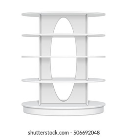 Display Rack Showcase For Supermarket. Circle, Round, Ellipse Retail Shelves. Front View. Illustration Isolated On White Background Mock Up Template Ready For Your Design. Product Advertising. Vector