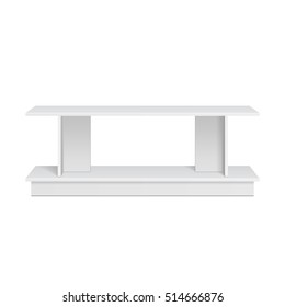 Display Rack Showcase For Supermarket With Retail Shelves. Front View 3D. Illustration Isolated On White Background. Mock Up Template Ready For Your Design. Product Advertising. Vector EPS10