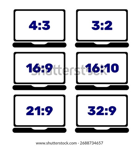 Display ratio laptop or notebook icon set vector illustration navy black colour. Laptop icon for bussiness or education printable and social media usage