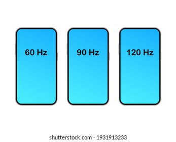 Display refresh rate. The refresh rate of the screen in the smartphone. Screen 60Hz, 90Hz, 120Hz. Display 60 Hz, 90 Hz, 120 Hz. Phone display. Smartphone screen vector illustration. 60, 90, 120 hertz.