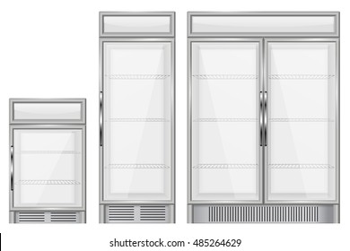 Display refrigerator. Set of commercial merchandisers. Vector illustration isolated on white background