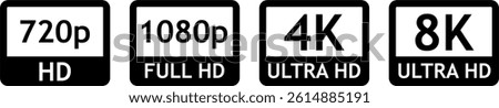 display resolution icon set, hdtv high definition 720p 1080p 4k 8k ultra hd