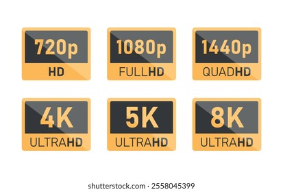 display resolution icons, 4K UHD, 8K, Quad HD, Full HD and HD screen resolution