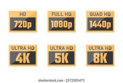 display resolution icons, 4K UHD, 8K, Quad HD, Full HD and HD screen resolution