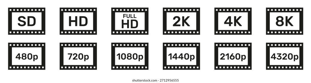 Iconos de Resolución de visualización. HD, Full HD, UHD, 4K, 8K, SD. Colección de conjunto de calidad HD. Video Conjunto De Iconos De Calidad. Insignias de resolución de pantalla. Ilustración vectorial aislada.