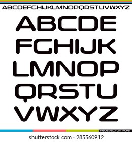 Display sanserif font with rounded corners. Black font on white background