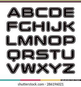 Display sanserif font with rounded corners and contour. Black font on white background