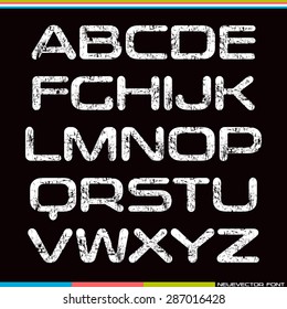 Display sanserif font with rounded corners and shabby texture. White font on black background