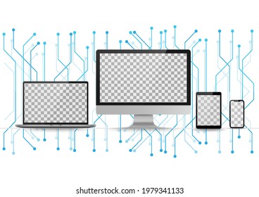 Display screen. Realistic set of monitor, tablet, laptop, smartphone blank isolated devices on circuits background. Object with shadow vector illustrator.