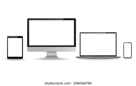 Display screen. Realistic set of monitor, tablet, laptop, smartphone blank isolated computer devices. Object with shadow vector illustrator.