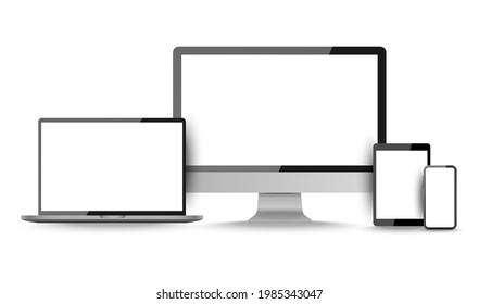 Display screen. Realistic set of monitor, tablet, laptop, smartphone blank isolated devices. Object with shadow vector illustrator.