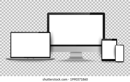 Display screen. Realistic set of monitor, tablet, laptop, smartphone blank isolated devices. Object with shadow vector illustrator.