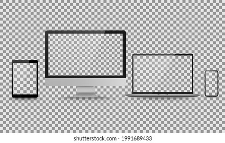 Display screen. Realistic set of monitor, tablet, laptop, smartphone blank isolated computer devices. Object with shadow vector illustration.