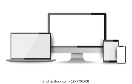 Display screen. Realistic set of monitro, tablet, laptop, smartphone blank isolated devices. Object with shadow vector illustrator.