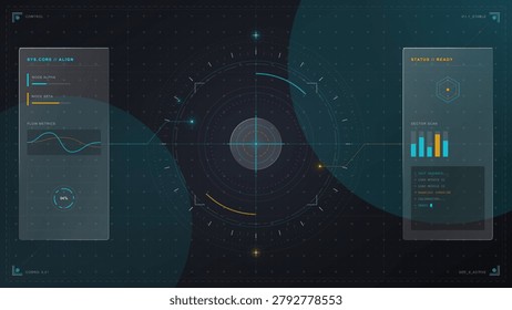 A display screen shows lines and graphs representing data in a digital format. It highlights system metrics with status indicators and a circular design during a technology assessment process.
