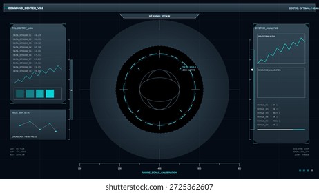 La pantalla de visualización muestra un gráfico similar a un radar junto con datos numéricos y gráficos. La configuración es probablemente parte de un centro de comando para sistemas de monitoreo.