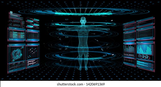 Display set of virtual interface elements. Modern medical examination HUD style. Human hologram, body x-ray,3D model. Medical Infographic, statistics and diagrams. Body Scanning Sci fi, GUI, UI.Vector