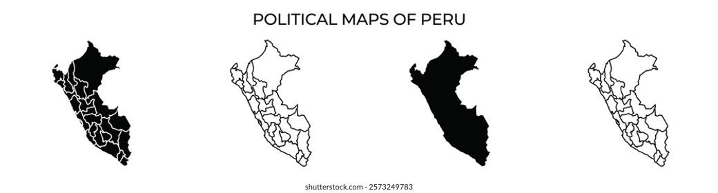 Display of several political maps of Peru highlighting different regions and boundaries. Each map illustrates varying levels of detail and color contrast representing political divisions.