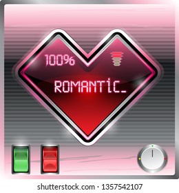 Display is in the shape of heart with information.There are a knob of the and two push buttons ON and OFF.The background is pink and metallic.There are black horizontal stripes.The screen has a text.