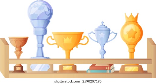Display shelf showcasing gold, silver, and bronze trophies with unique designs.