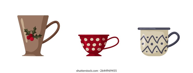 Display showcases three distinct holiday mugs featuring traditional decorations. Each mug varies in color and pattern, emphasizing a festive spirit and cozy atmosphere during winter.