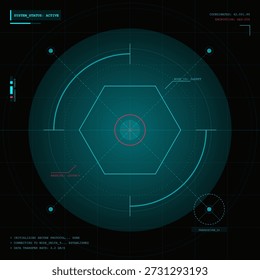 La pantalla muestra el Estado activo del sistema con coordenadas y advertencias. El diseño circular incluye Actualizar de mensajes y detalles de transferencia de datos. Las líneas brillantes forman una forma hexagonal detallada.