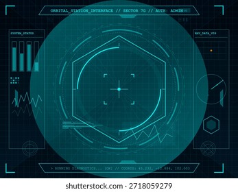 Uma tela mostra dados de diagnóstico para uma estação orbital no setor 7G. A interface inclui atualizações de navegação, métricas de desempenho e ferramentas de monitoramento para o status do sistema.