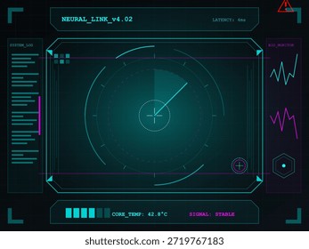 The display shows a digital interface with readings from a neural link system. It presents data such as latency, core temperature, and signal strength.