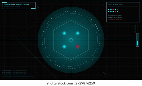 A tela mostra uma representação gráfica do status de um núcleo quântico com indicadores coloridos. Inclui dados sobre os níveis de energia e o desempenho do sistema.