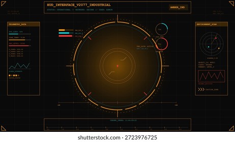 Das Display zeigt eine industrielle HUD-Schnittstelle mit Telemetriedaten, Graphen und verschiedenen Indikatoren. Diese Einstellung konzentriert sich auf die industrielle Überwachung und die Systemrückmeldung.