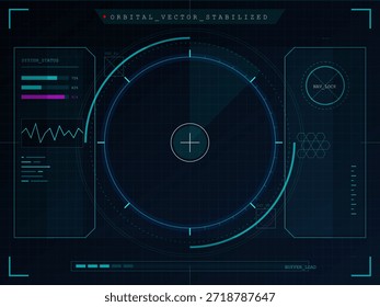 Die Anzeige zeigt Informationen zur Orbitalvektorstabilisierung an. Der Systemstatus wird mit Prozentmetriken zusammen mit dem Navigationssperrstatus angezeigt. Die Datenschnittstelle verfügt über Diagramme.