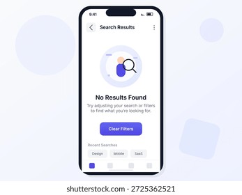 The display shows a mobile app screen with a no results found message. Users are prompted to clear filters and adjust their searches for better results. Design focuses on user experience.