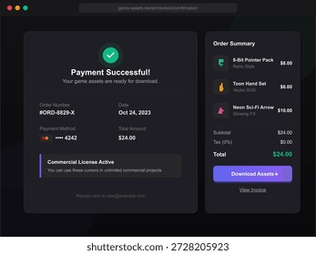 A display shows an order summary for a recent purchase of digital assets. The payment method is listed, and the total amount is highlighted clearly.