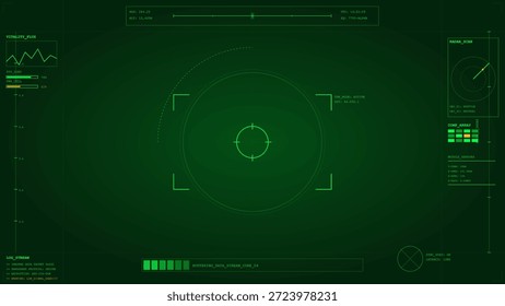 Das Display zeigt einen Radarschirm mit grünem Licht, der eine Position verfolgt. Zahlen und Symbole werden um die Mitte angezeigt. Die Szene schlägt ein High-Tech-Überwachungssystem vor.