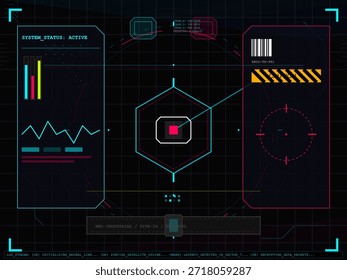 Die Anzeige zeigt den Systemstatus als aktiv an. Es gibt Diagramme, einen Strichcode und ein Zielsymbol mit Datenwerten. Es scheint eine Steuerungsschnittstelle für Überwachungssysteme zu sein.