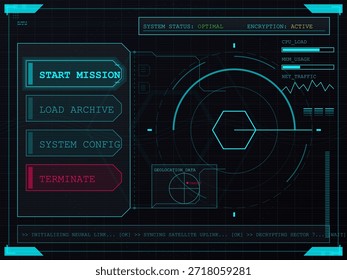 La pantalla muestra el Estado del sistema marcado como óptimo, con opciones para iniciar una misión, cargar un Archivar, comprobar las Configuraciones del sistema y finalizar el proceso.