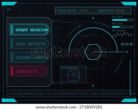 The display shows system status marked as optimal, with options to start a mission, load an archive, check system settings, and terminate the process.