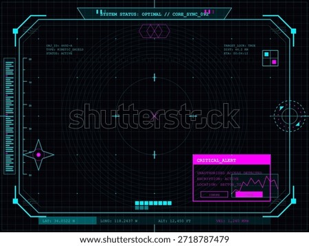 The display shows a system status report with coordinates and alerts. It indicates a critical situation with unauthorized access detected in a secret location.