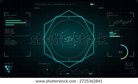 The display shows a tactical interface with various elements including graphs, data points, and indicators for system performance and operations. Information is presented clearly.