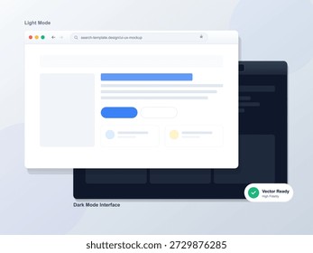 Uma tela mostra dois designs diferentes de interface do usuário para uma aplicação Web. Um lado apresenta o modo claro e o outro lado mostra o modo escuro. Ambos os designs incluem elementos básicos de layout.