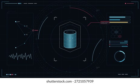 Una pantalla muestra varias métricas de datos con líneas, gráficas y Formas sobre un fondo oscuro. El diseño presenta un cilindro central rodeado de visualizaciones e indicadores para el análisis de datos.